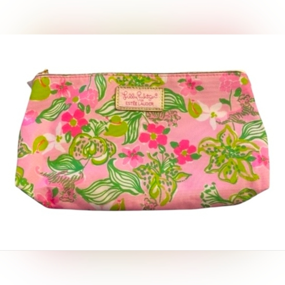Lilly Pulitzer for Estee Lauder Pink Floral Tiger Cosmetic Bag 10x5 Gold Metal